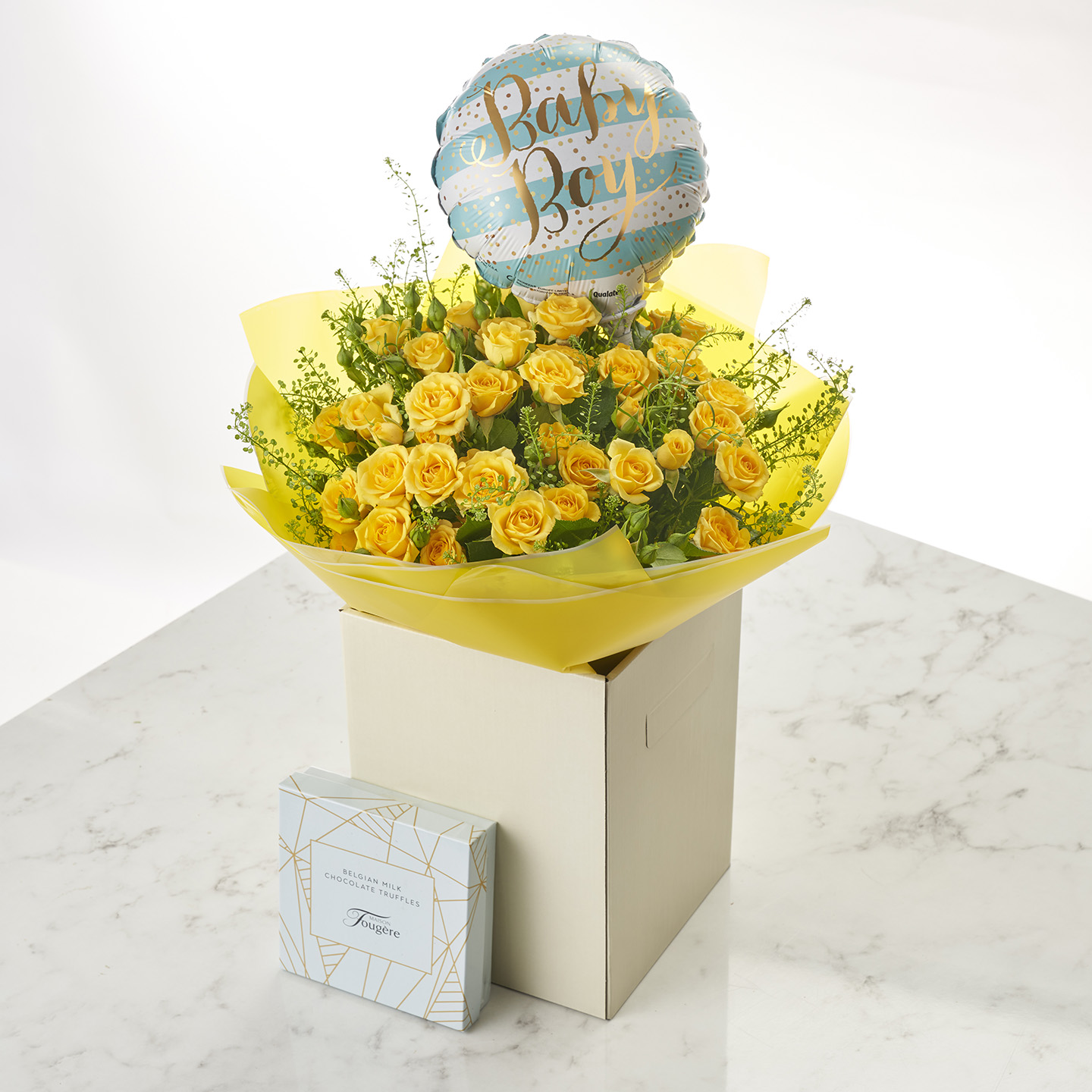 Yellow Spray Roses with Balloon and Chocolate